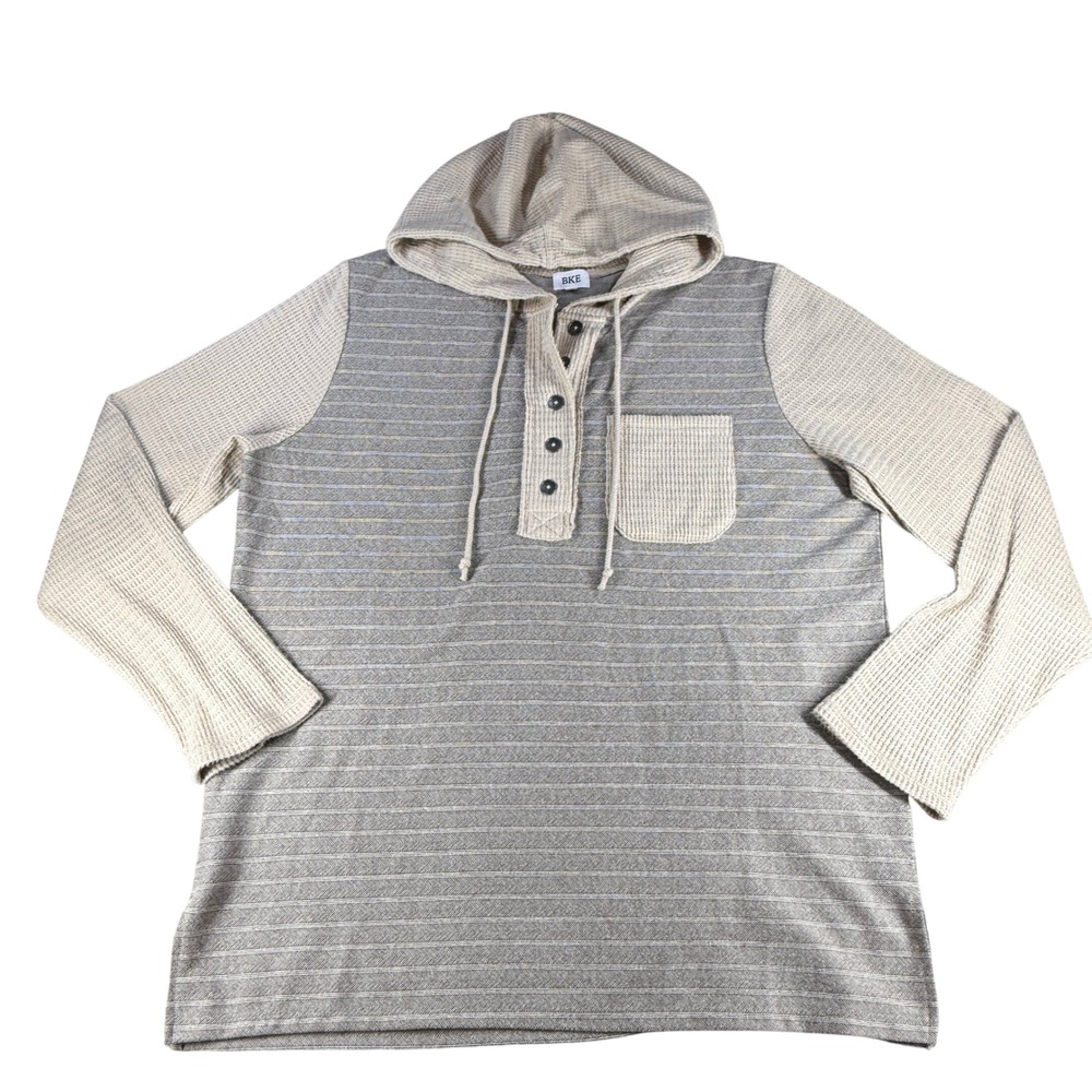 BKE Women Hoodie Henley Striped Chevron Waffle Knit L Grey Tan Casual Pullover